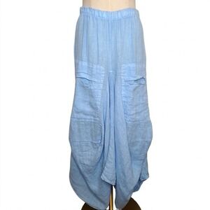 Italian Linen Artsy Bubble Skirt Peasant Lagenlook Boho Cargo Pocket Light Blue